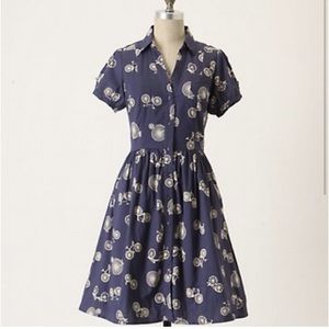 Anthropologie Porridge Womens Blue Bicycle Bike Novelty Print Button Front Dress